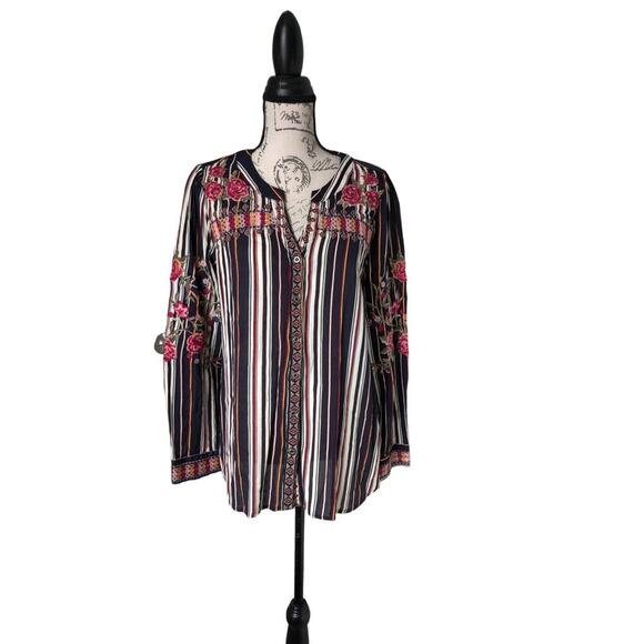 Floral Embroidered Multicolor Blouse Long Sleeve Button Front Striped Size S/M - Picture 2 of 11